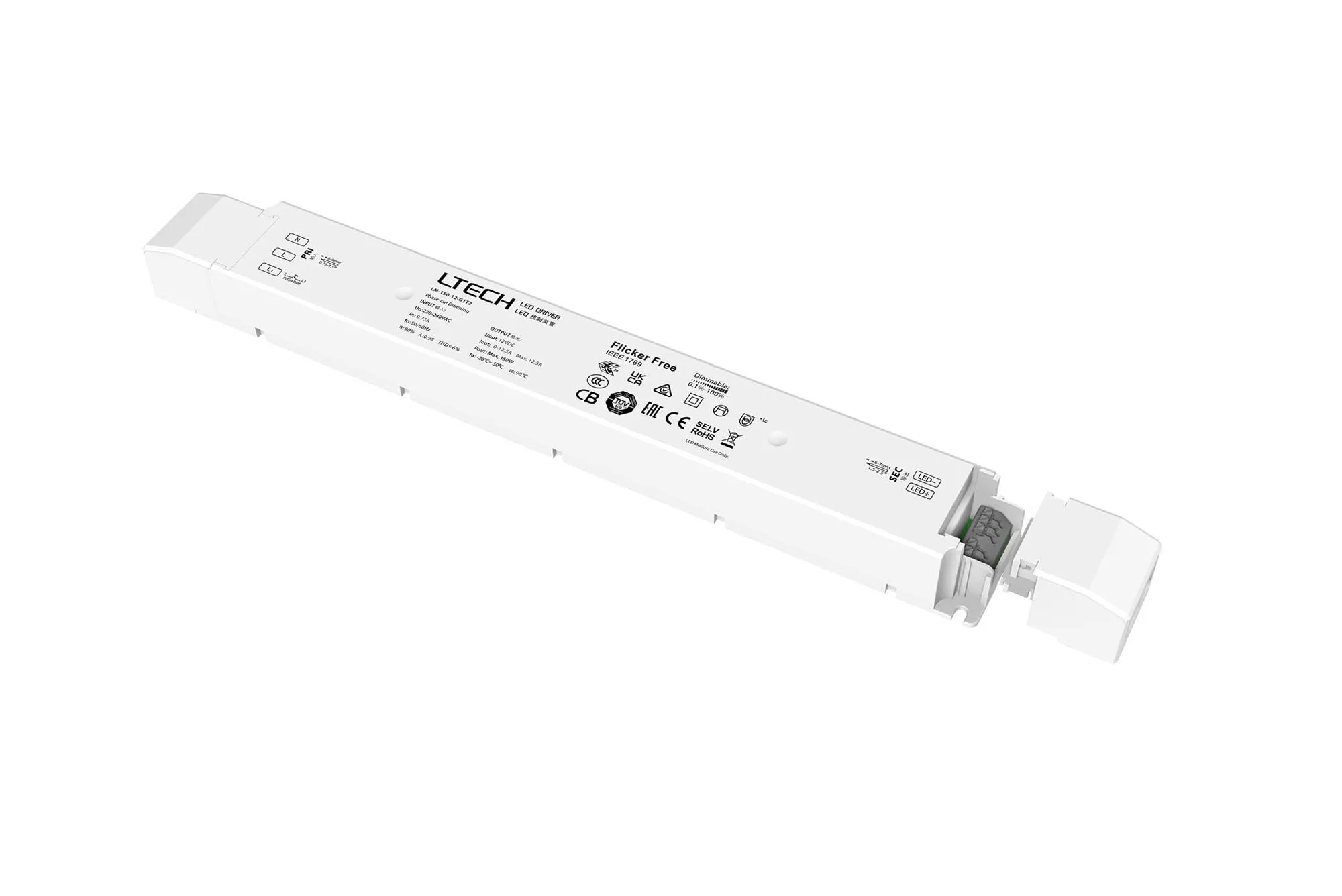 Leading edge (Triac), Trailing edge (ELV) Phase-cut and Push DIM/CCT, 0-100% Dim, Constant Voltage 150W, 12Vdc 12.5A, 200-240Vac, IP20, 5yrs Warranty. LM-150-12-G1T2  LTECH Constant Voltage
